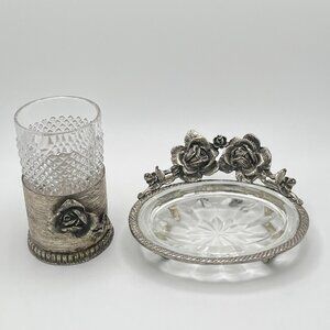 Vintage Stylebuilt Silver Tone Rose Glass Soap Dish & Cup Hollywood Regency